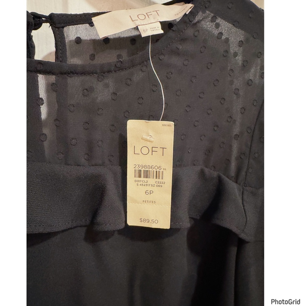 NWT Loft Black Sheer Dot Ruffle Yoke Dress Size 6P Petite Mini - Picture 7 of 9